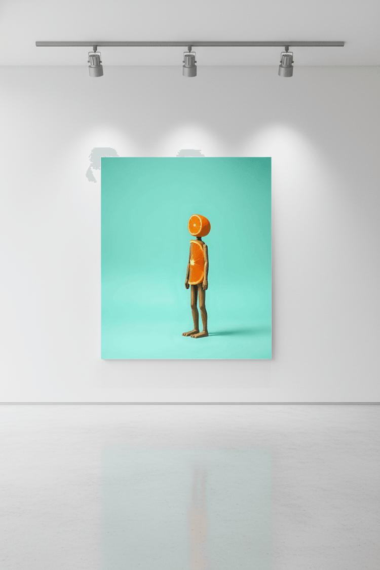 Abstract canvas print with orange standing figure on teal background