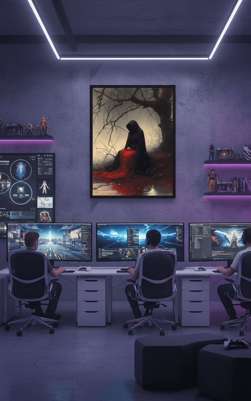 Framed wall art print of a hooded figure with a red cloak under a moonlit tree