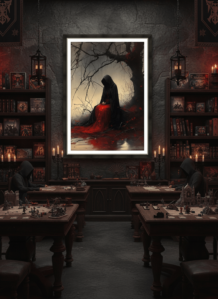 Framed wall print of hooded figure holding a red cloak beneath a dark tree arch