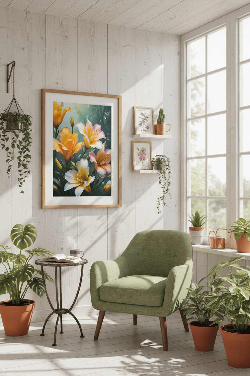 Framed floral artwork with orange, pink, and white tulips and lilies