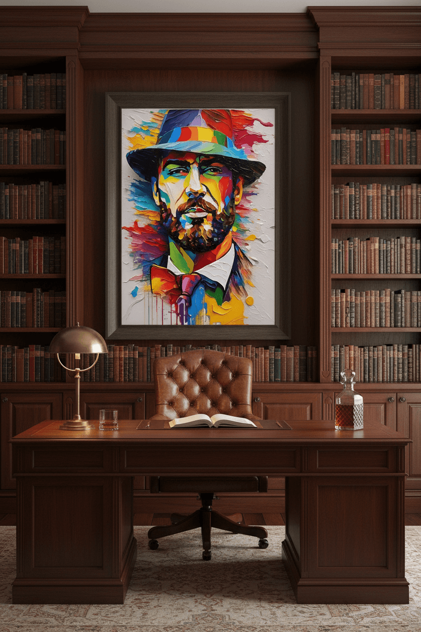 Framed colorful abstract portrait of a man in a hat with colorful jacket