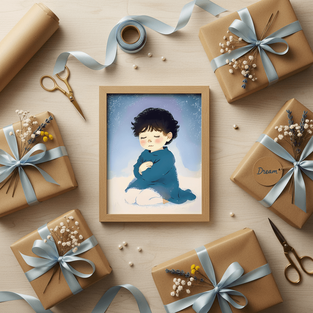 Framed art print of a kneeling child in blue holding a cup