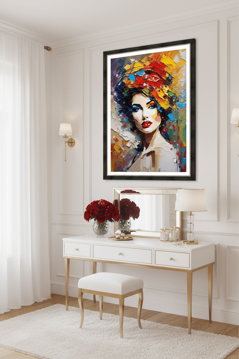 Framed colorful abstract woman portrait above a white console table and flowers