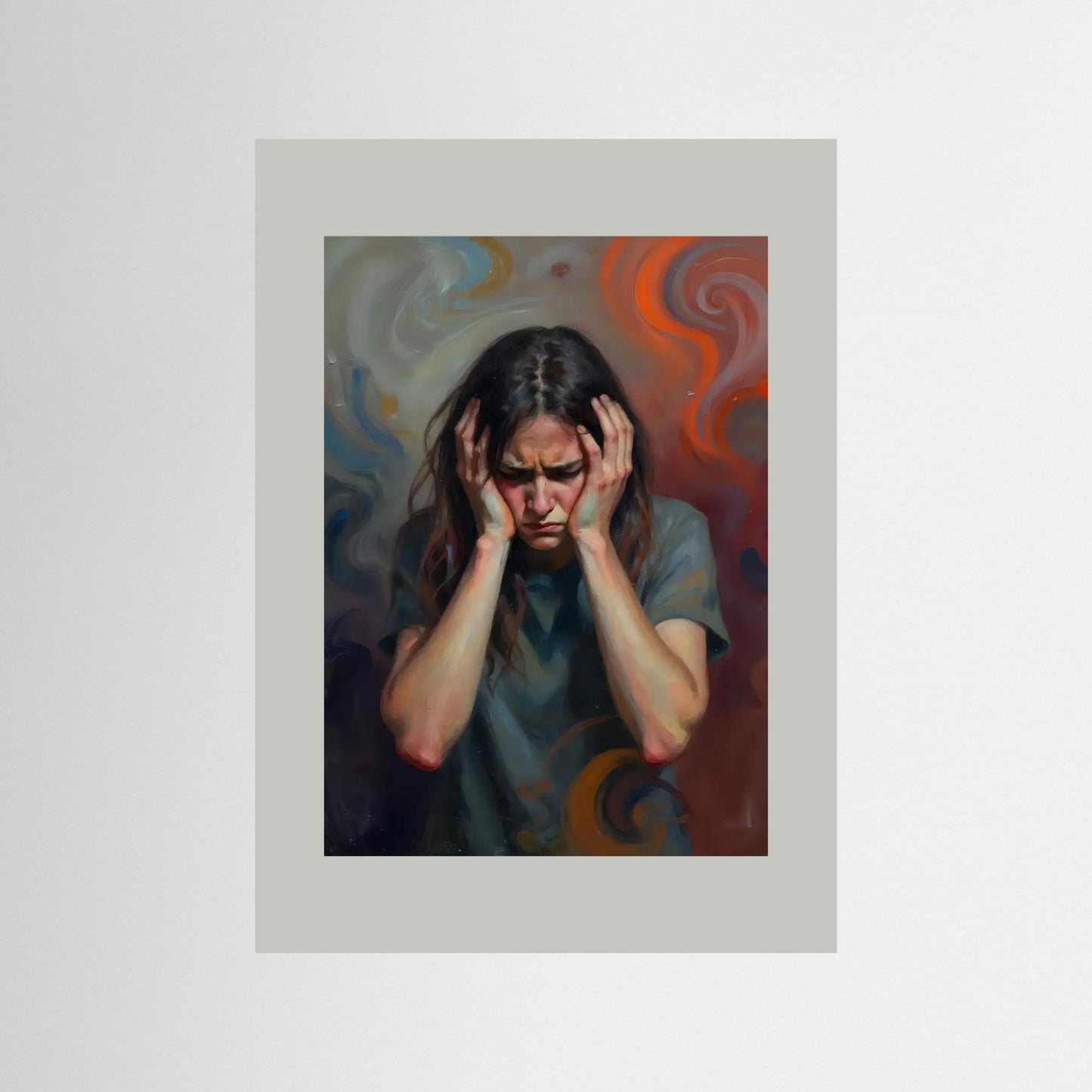 Contemplative Woman Amidst Swirling Colors