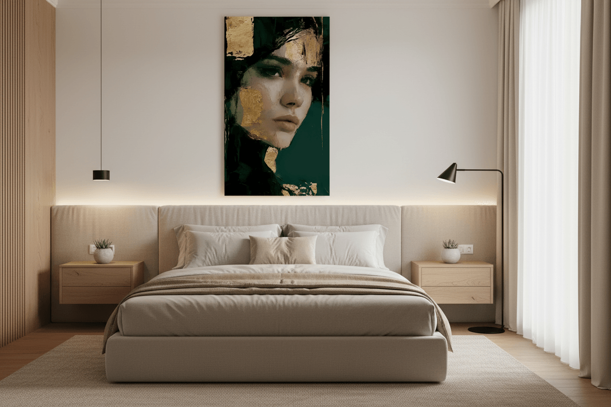 Framed vertical wall portrait of an abstract woman face with gold accents and dark green tones.