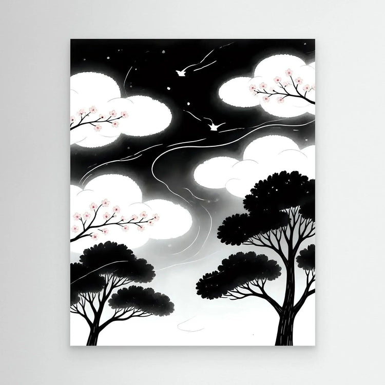 Framed night landscape wall art with white clouds, pink blossoms, and silhouetted trees