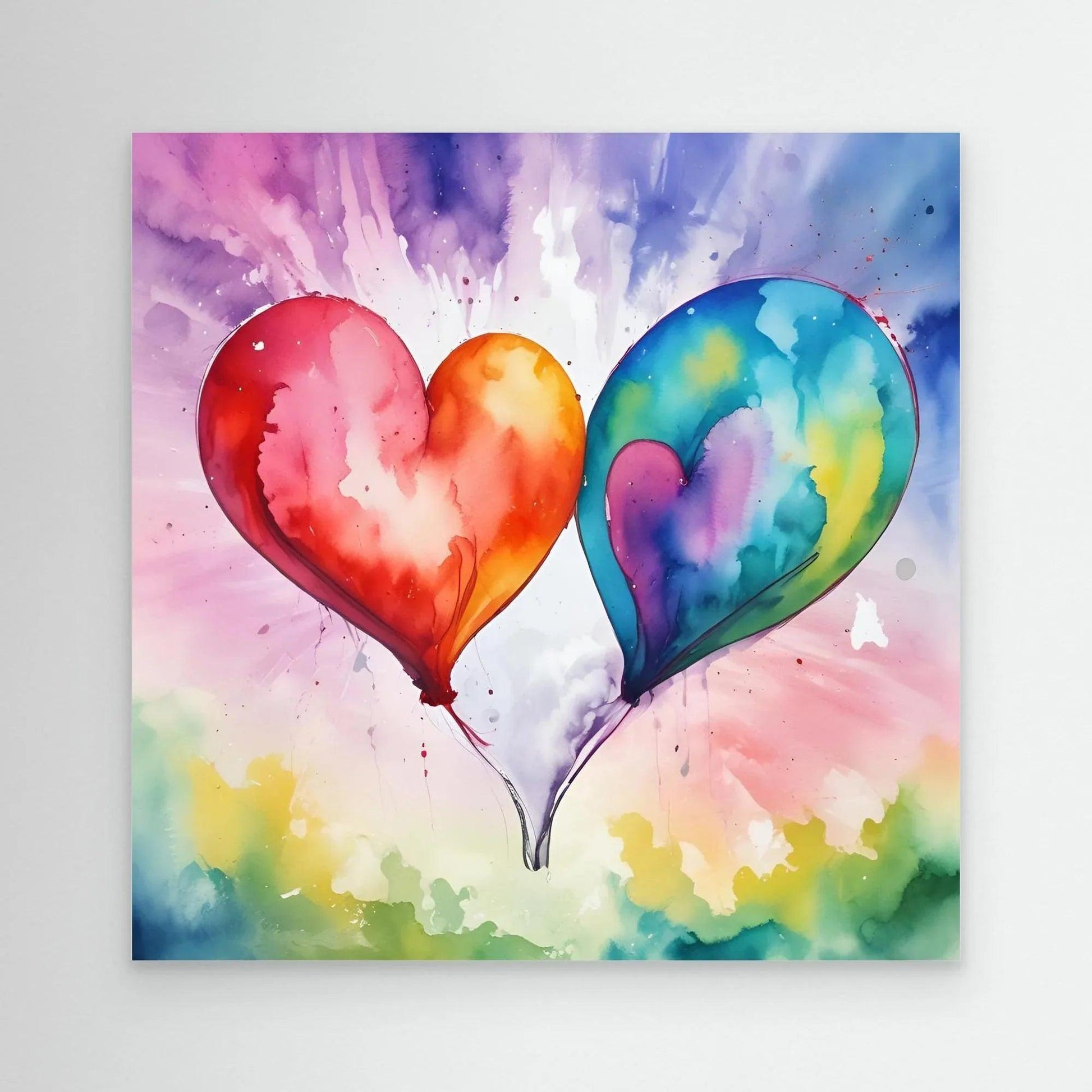 Framed close-up watercolor wall art of three heart-shaped balloons