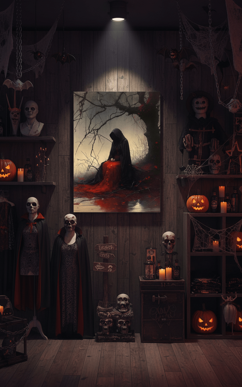 Framed print of a hooded figure with a red cloak among bare branching trees