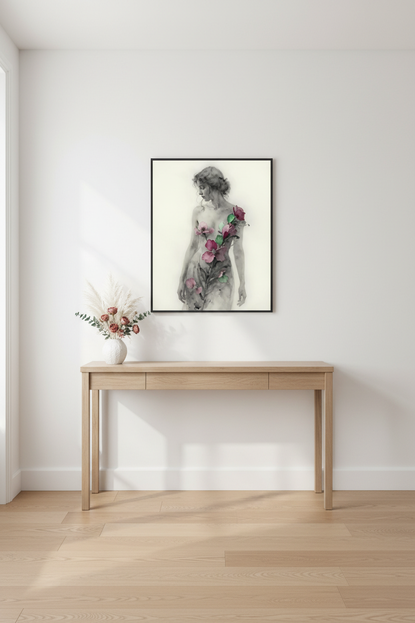 Black-framed floral body art portrait of a woman, pink and green flower accents