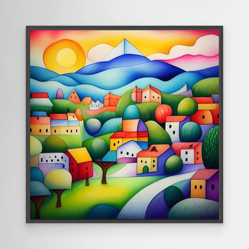 Framed geometric landscape wall art with colorful houses, hills, and mountains in blue, green, and orange