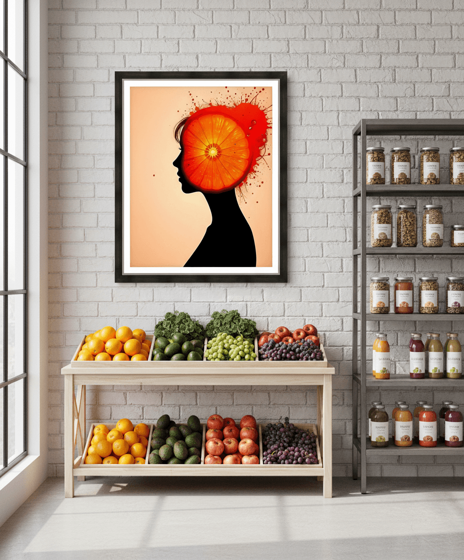 Framed abstract profile artwork with red-orange burst and black silhouette