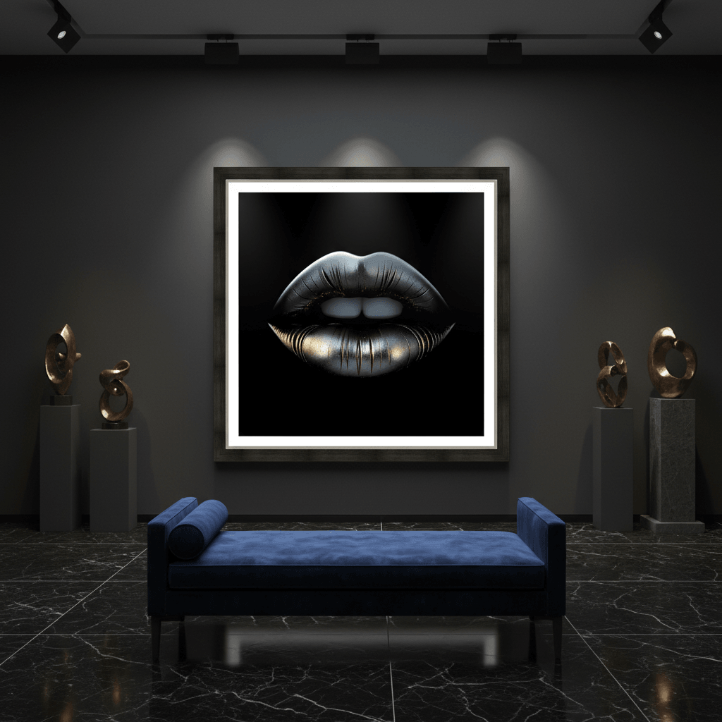 Framed wall art featuring blue-gray lips with gold metallic lower lip on black