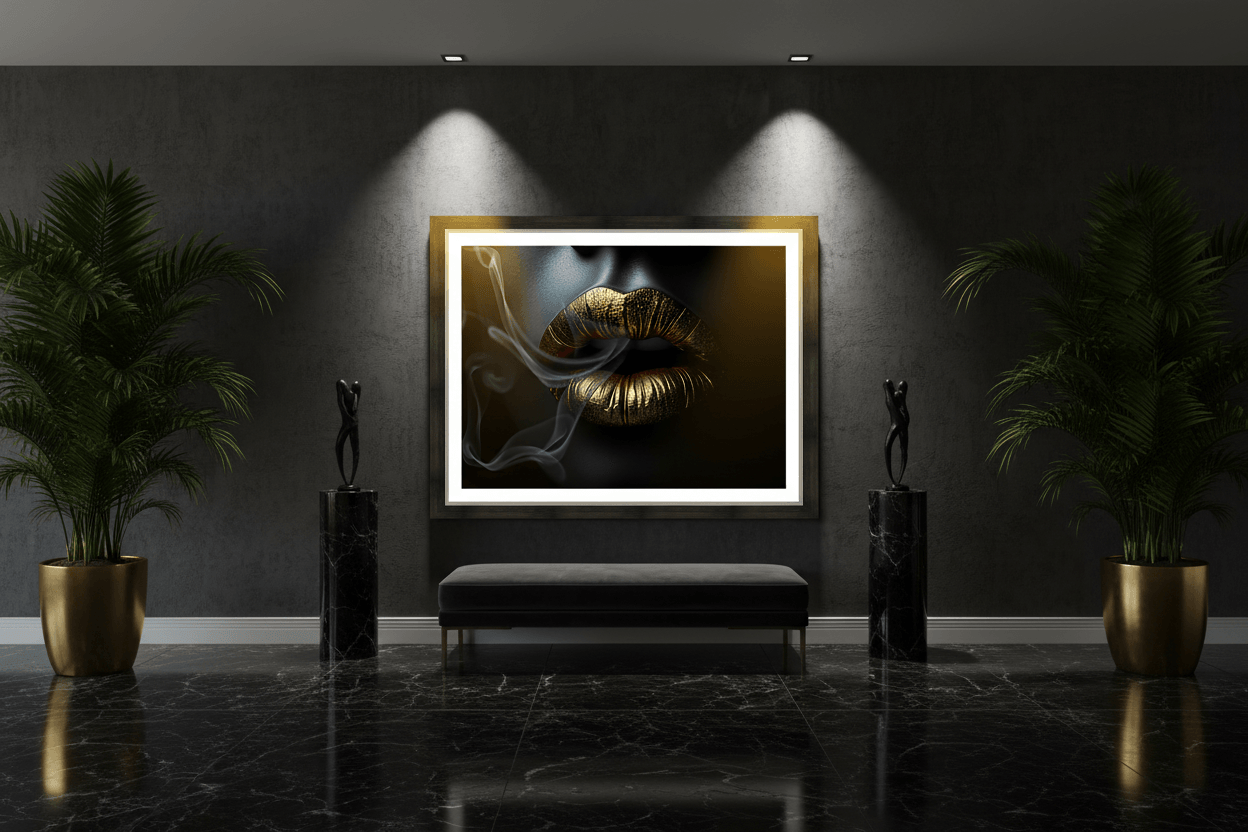 Gold-bordered framed wall art featuring gold lips with gray smoke on black