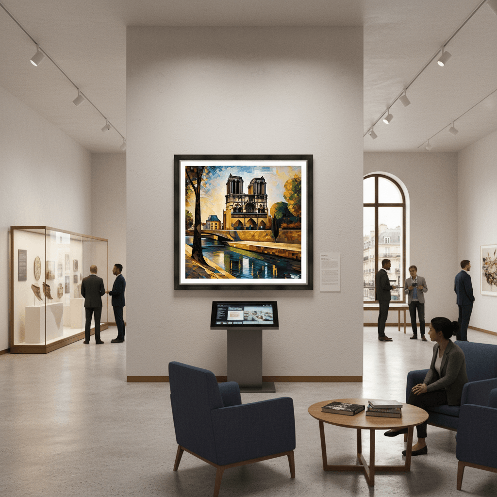 Framed Gothic cathedral mosaic artwork displayed in gallery room