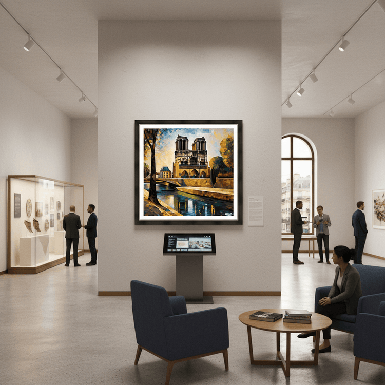 Framed Gothic cathedral mosaic artwork displayed in gallery room