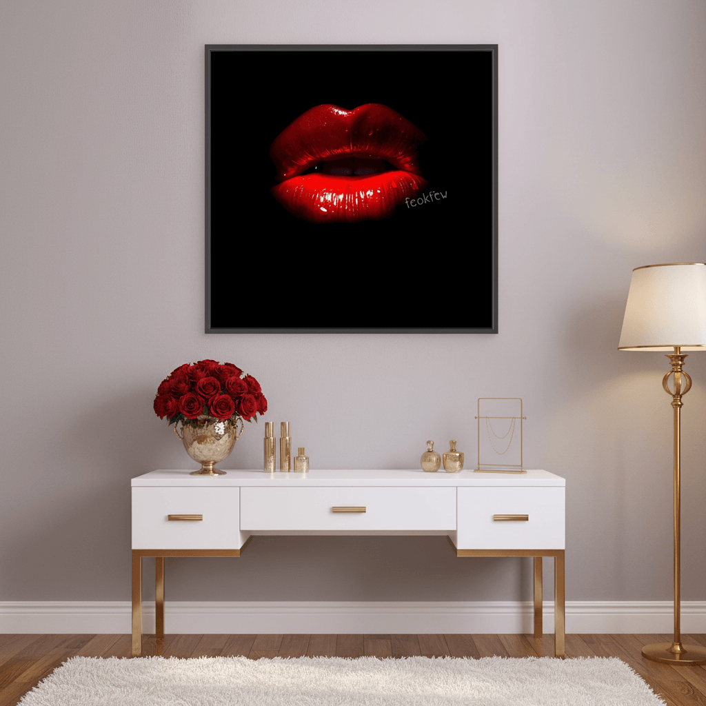 Framed wall art of glossy red lips on black background, black frame