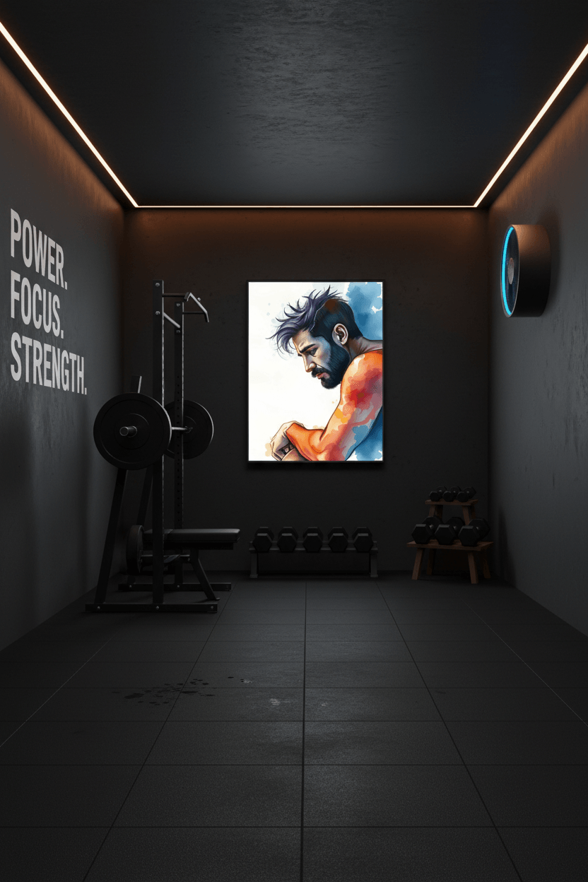 Framed portrait wall art of a contemplative man with blue hair and orange watercolor effects.
