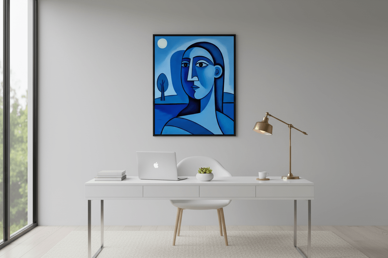 Blue abstract portrait wall art with dark frame above a white console table.