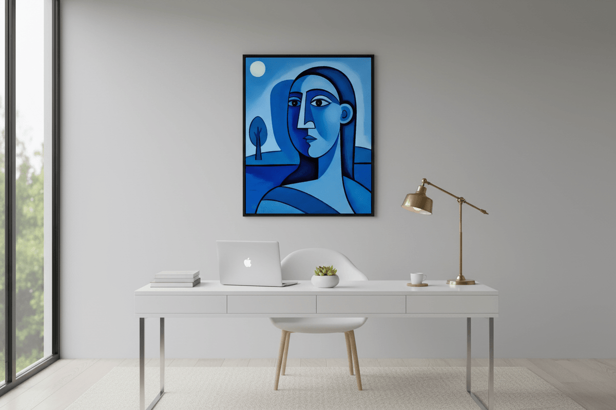 Blue abstract portrait wall art with dark frame above a white console table.