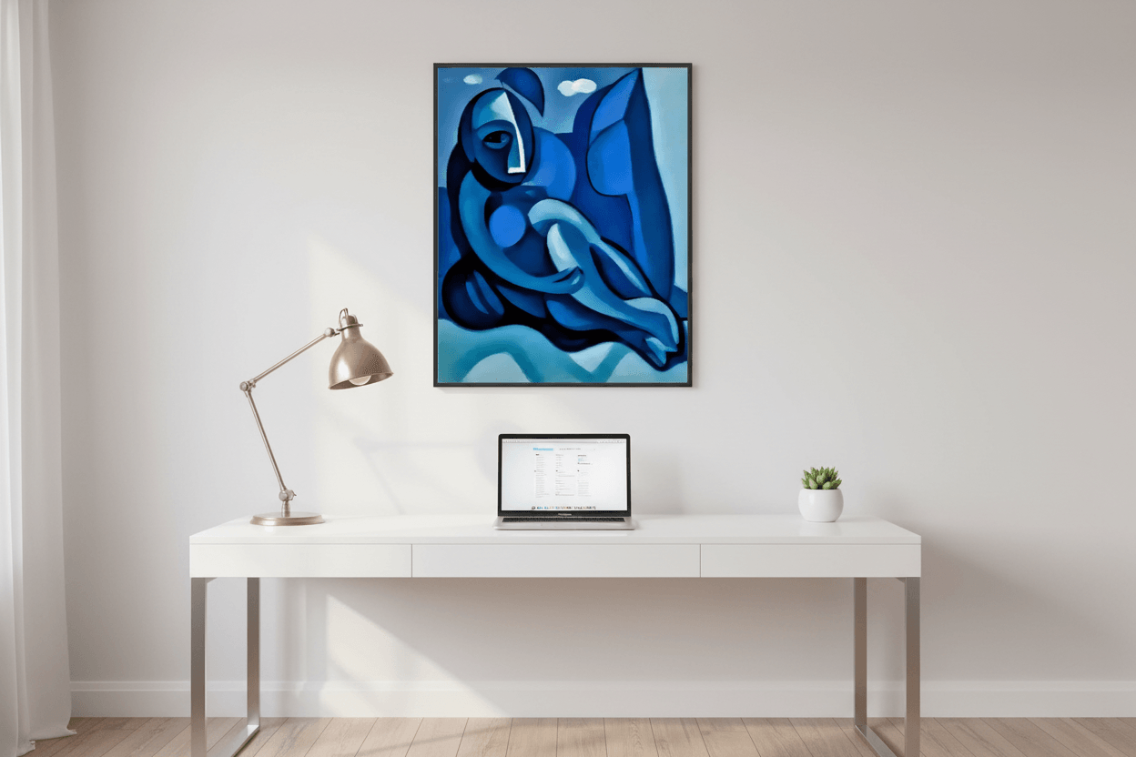 Abstract blue figure artwork with a dark frame, reclining figure in layered blue tones.