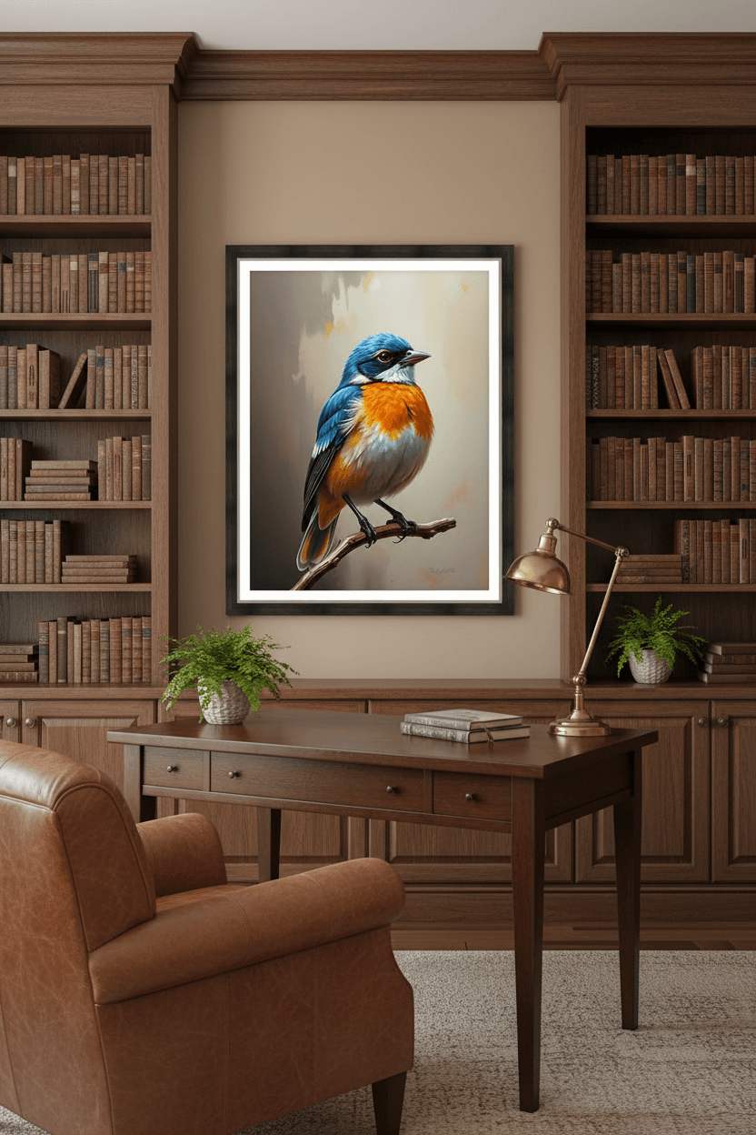 Framed blue and orange bird portrait wall art, perched on a twig branch