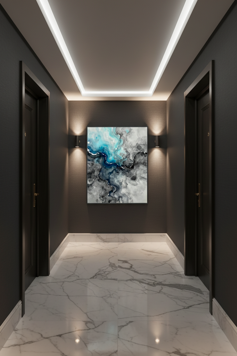 Framed abstract wall art with blue and gray marbling, dark frame.