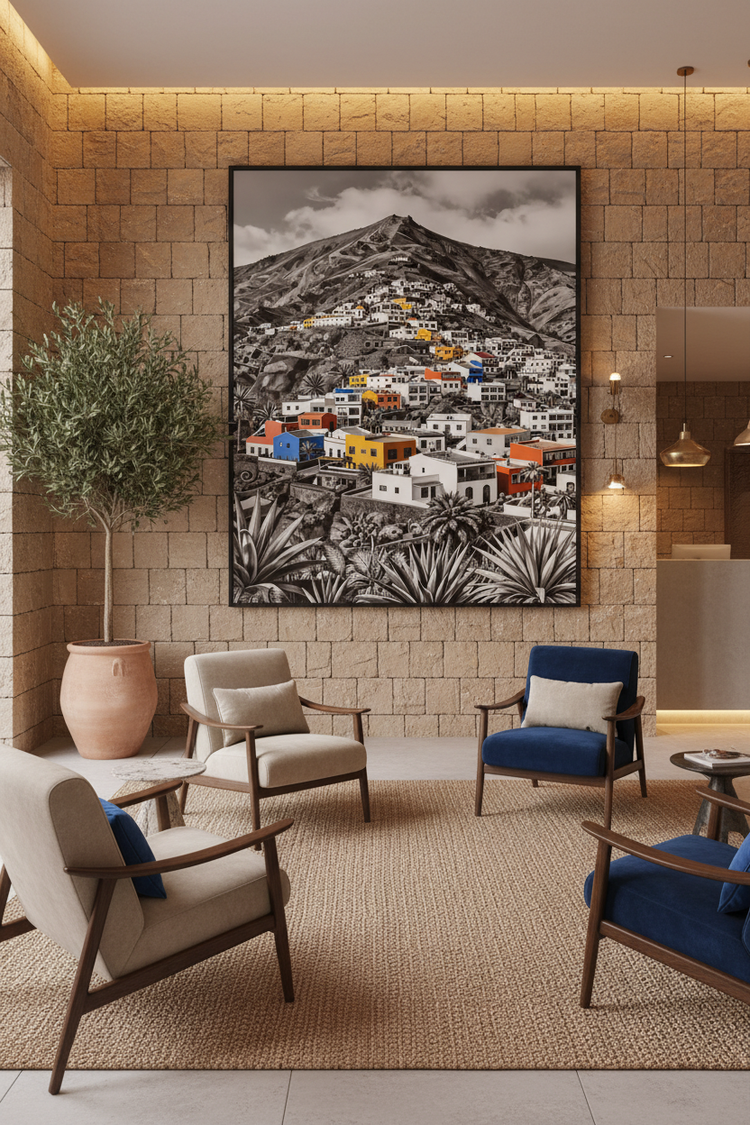 Black-framed wall art print of colorful hillside buildings with a mountain peak and foliage