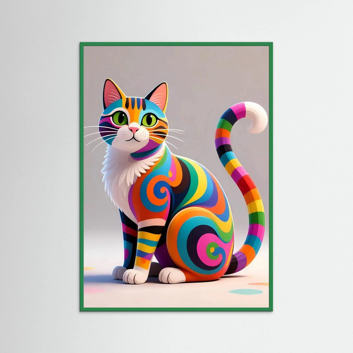 Framed cat wall art with rainbow swirl stripes and striped tail, green frame
