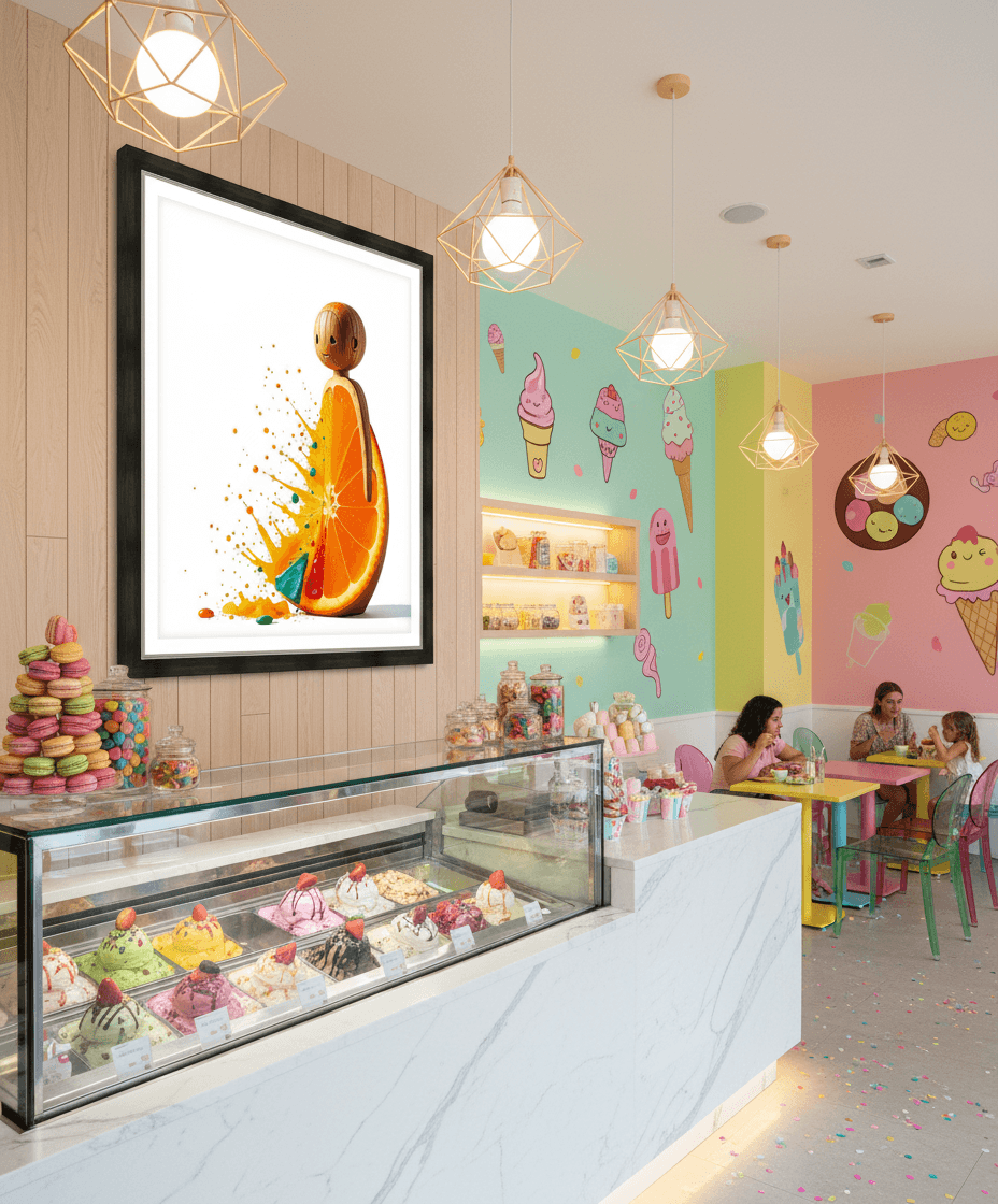 Framed orange character artwork on wall, featuring citrus slice figure and splash