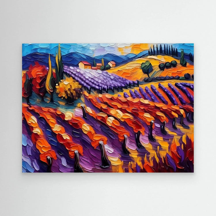 Framed textured landscape wall art with purple, orange, and blue vineyard rows