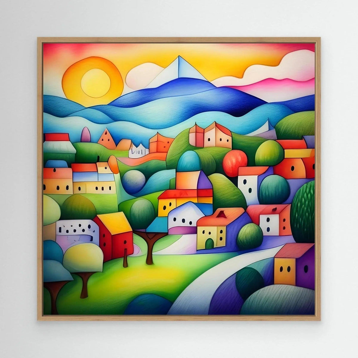 Oak-framed geometric landscape wall art with colorful houses, hills, and mountains in blue, green, and orange