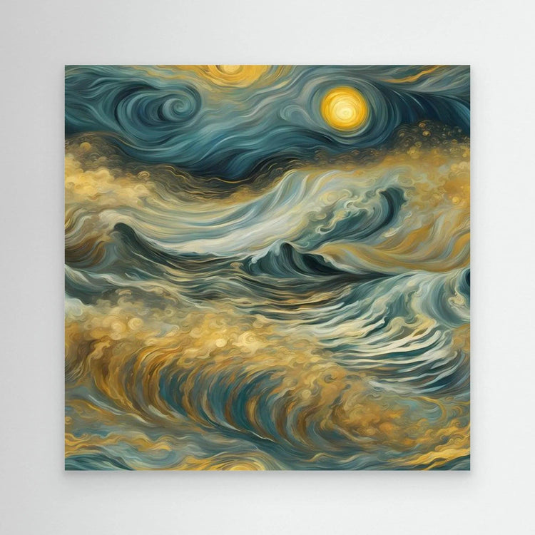Wall art painting of swirling ocean waves with golden moon and clouds in teal and gold