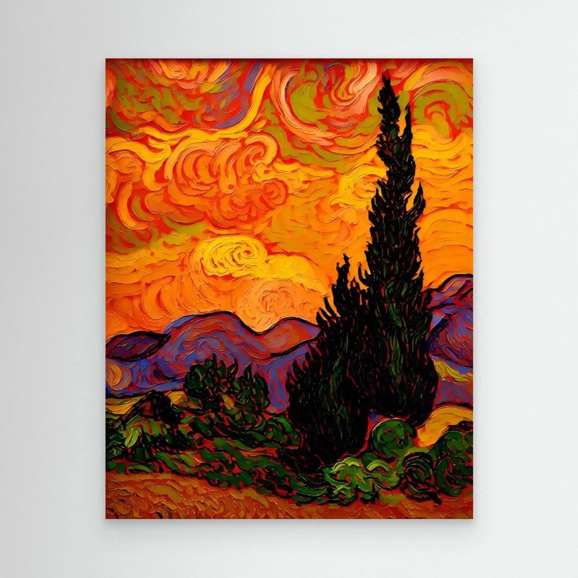 Framed landscape painting with tall dark pine trees and a vivid orange, swirling sky