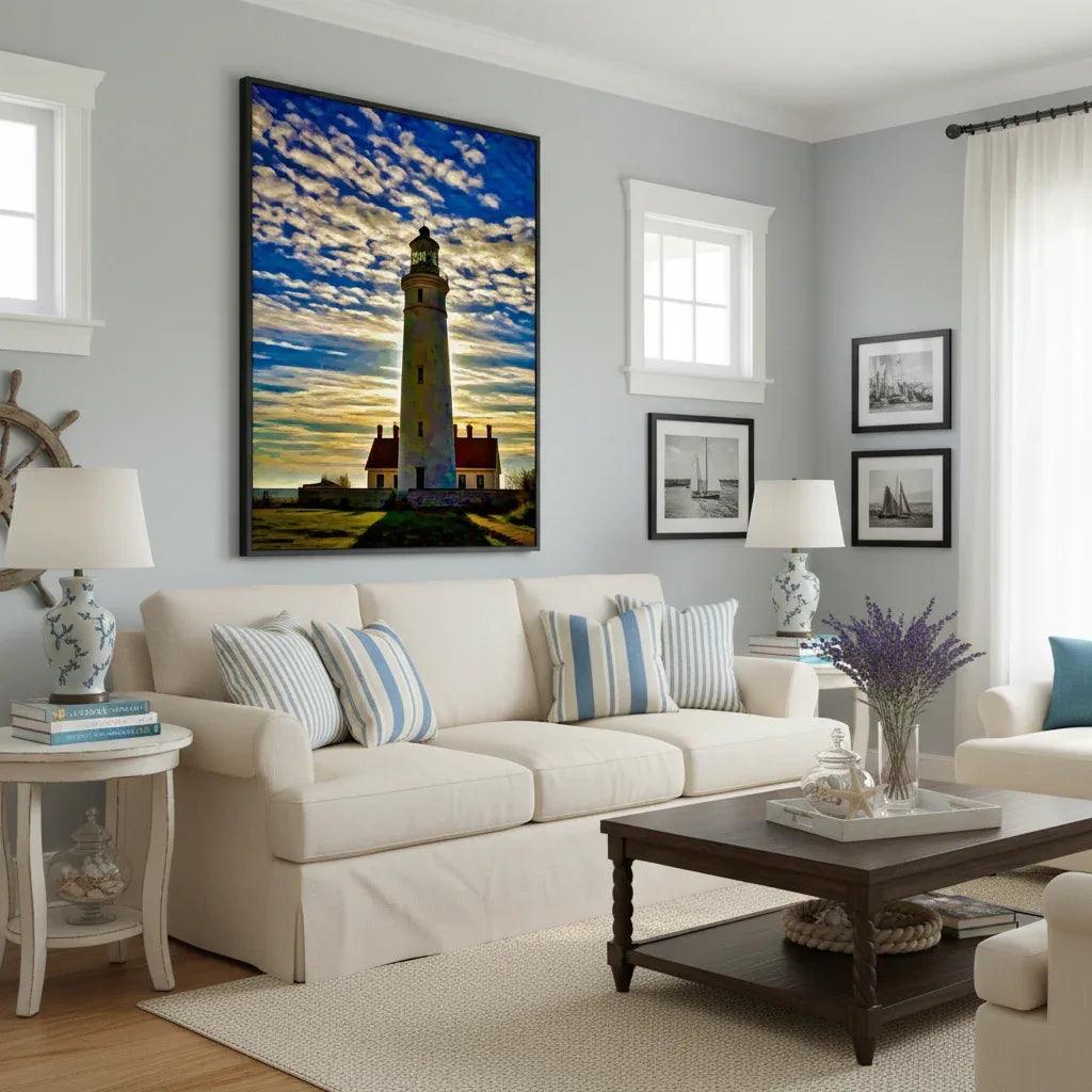 Framed lighthouse wall art showing a tall lighthouse against a dramatic blue sky