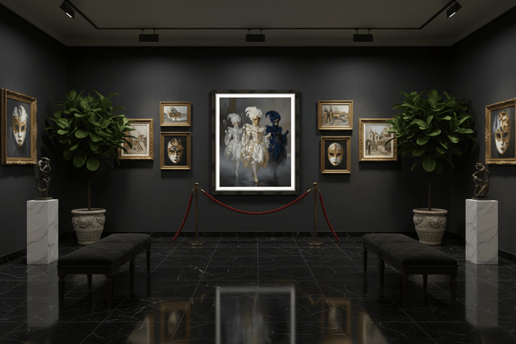 Framed masquerade trio artwork showing three masked dancers in white, gold, and blue