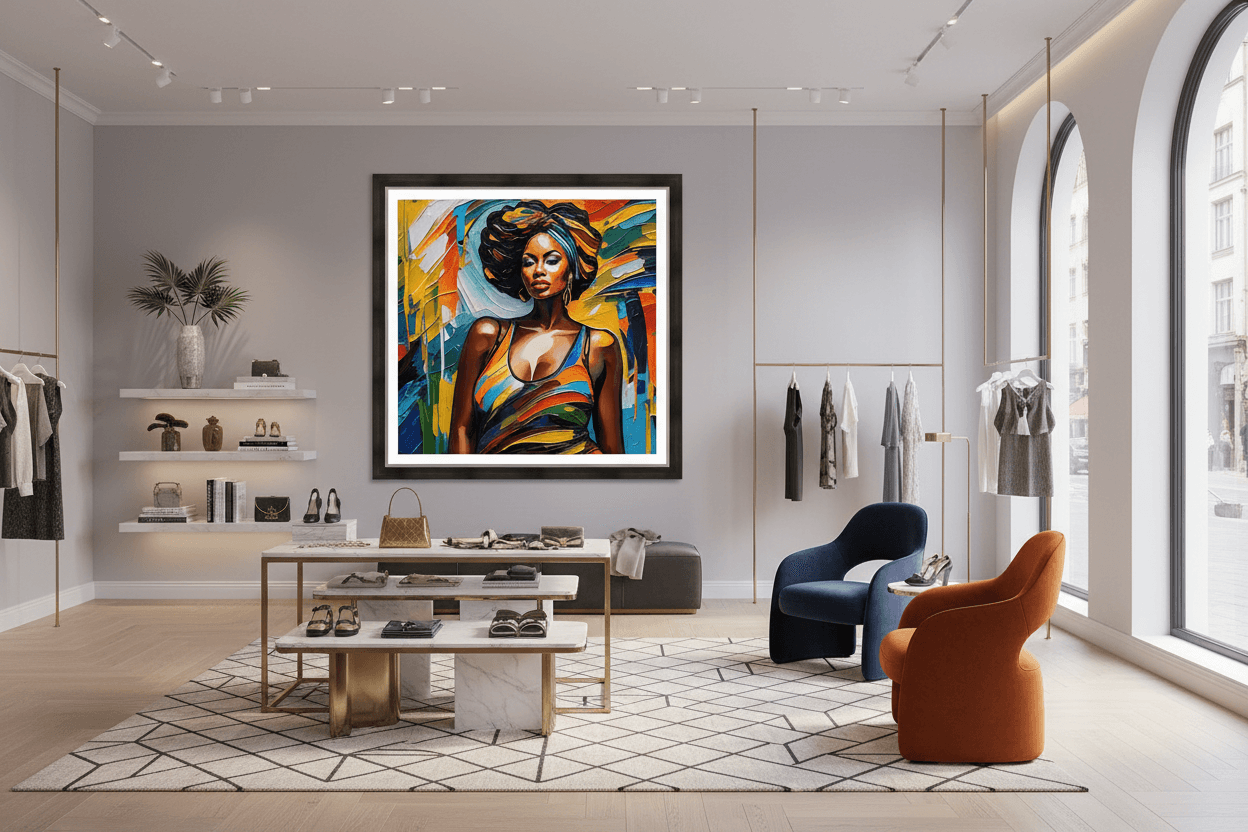 Framed abstract portrait print of a stylized woman with black hair and bright painted strokes.