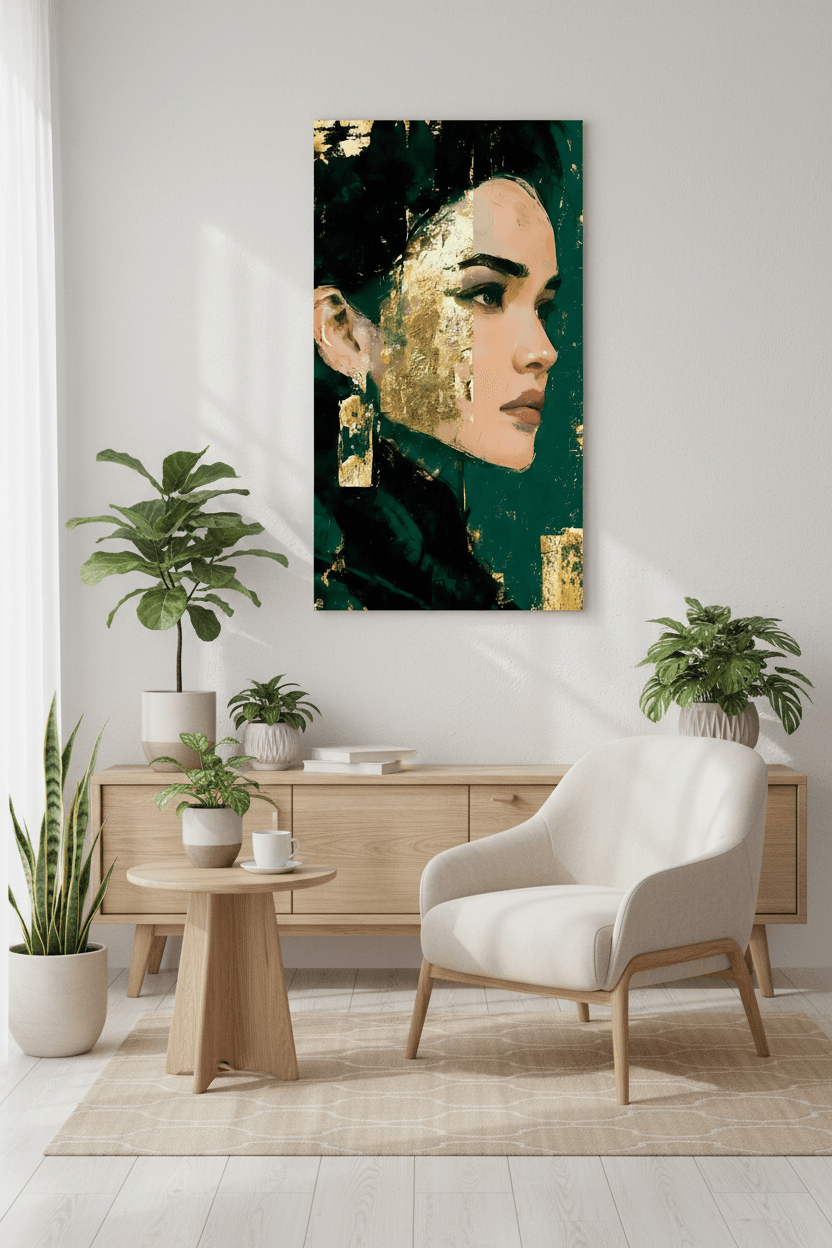 Framed portrait wall art with side-profile face in teal green and gold textured finish