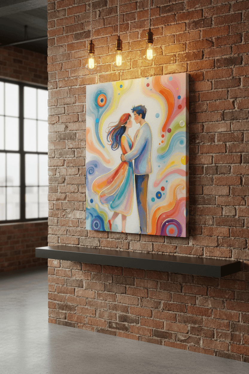Canvas print of a couple embracing with vibrant blue, green, and orange swirls