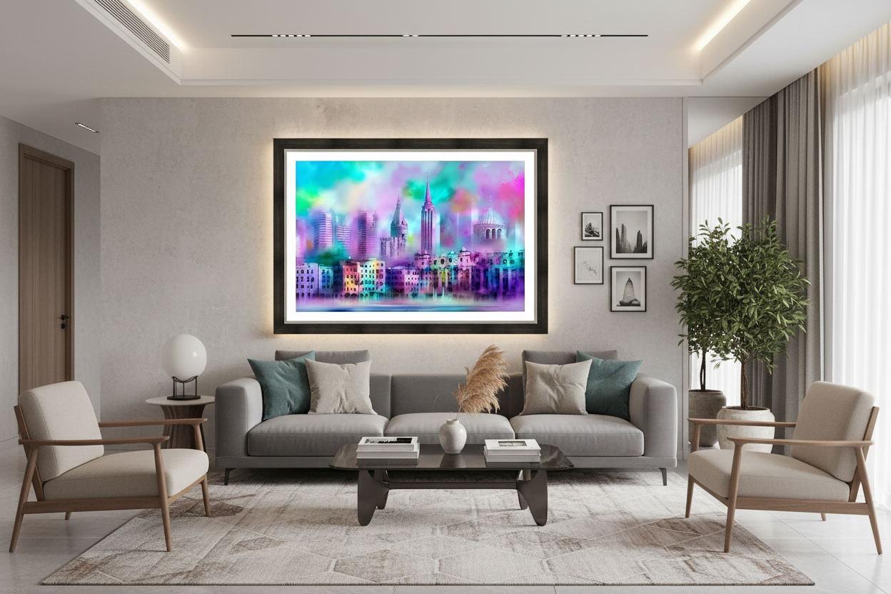 Dreamy Pastel Cityscape - Stylish Living Room Mockup
