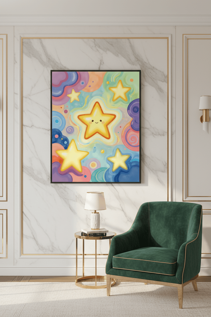 Framed wall art print with smiling stars and rainbow swirls, light wood frame.