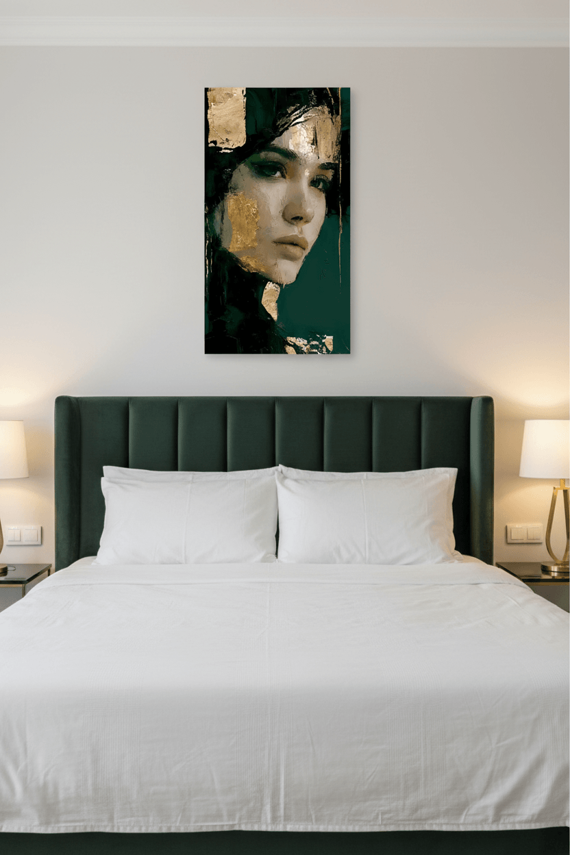 Framed portrait print of an abstract woman face with gold patches and dark green background.