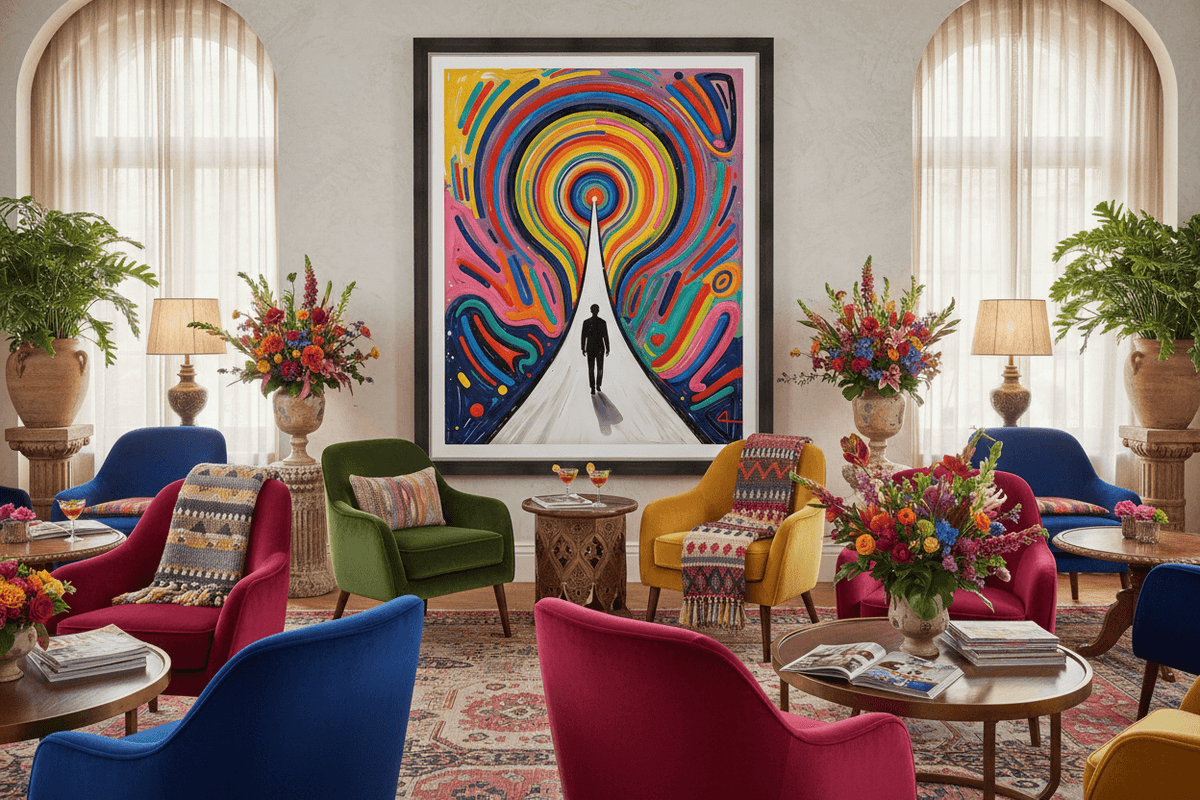 Framed rainbow vortex wall art with concentric swirls and a central silhouetted figure