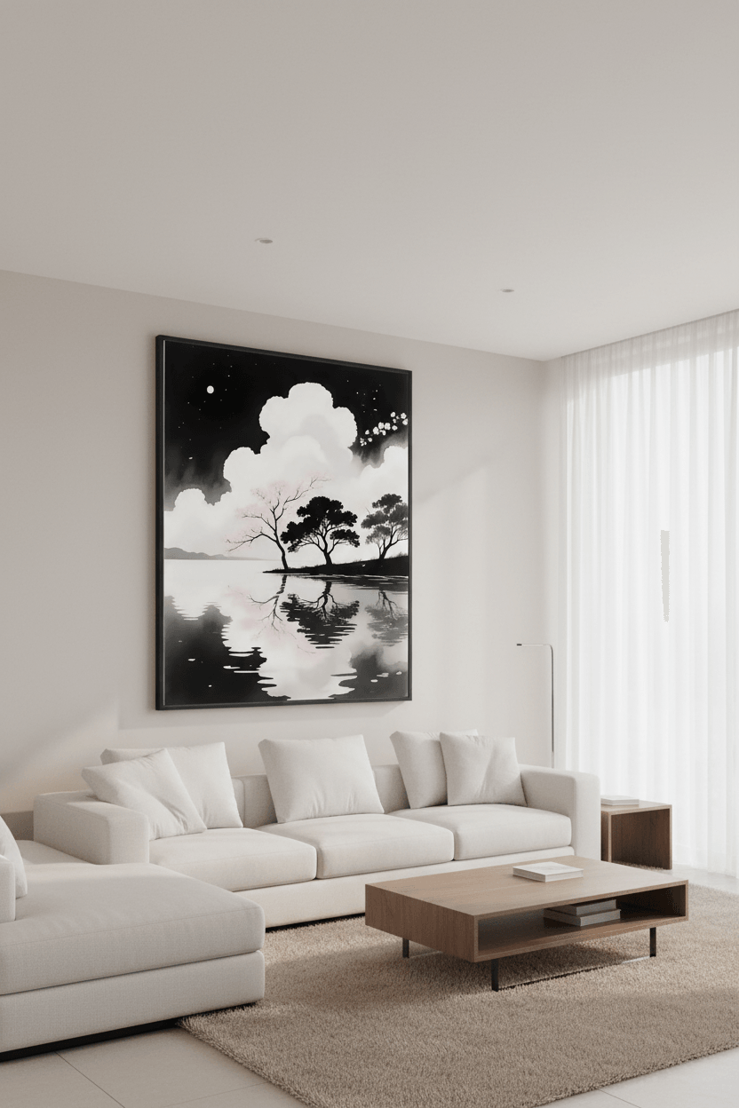Framed wall art print showing silhouetted trees and moonlit lake reflections