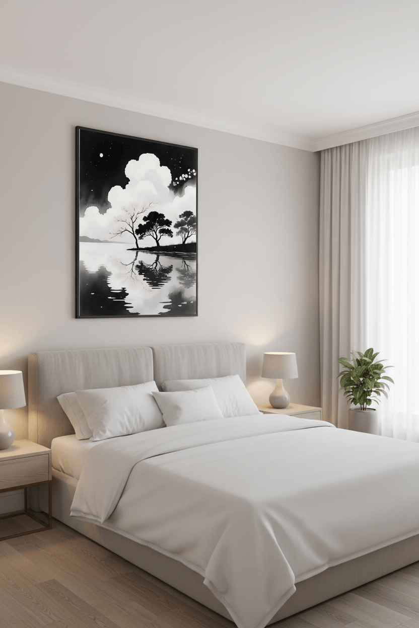Framed wall art print featuring a moonlit lake reflection with tree silhouettes