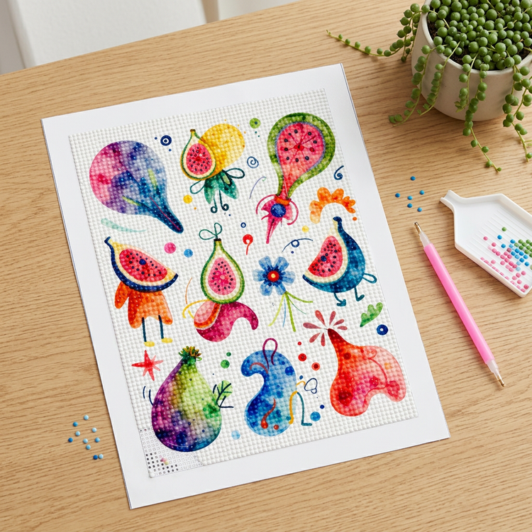 Unframed colorful fruit and abstract shapes diamond painting on a light oak craft desk