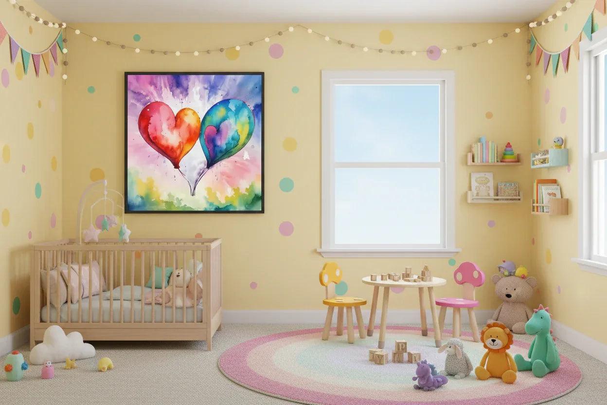 Framed heart-shaped balloons watercolor wall art above a play area