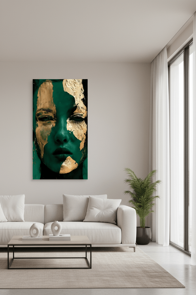 Unframed vertical face canvas with teal tones and gold textured areas