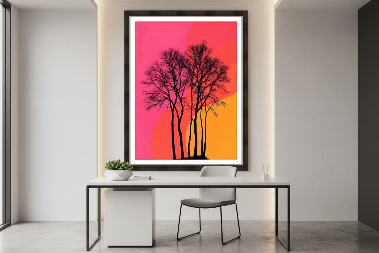 Framed wall art print with black tree silhouettes on bright pink and orange sunset background