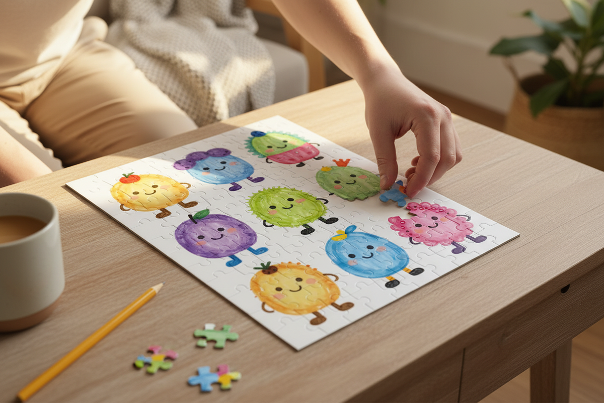 Adult hand placing a piece into a colorful cartoon fruit jigsaw puzzle on a coffee table