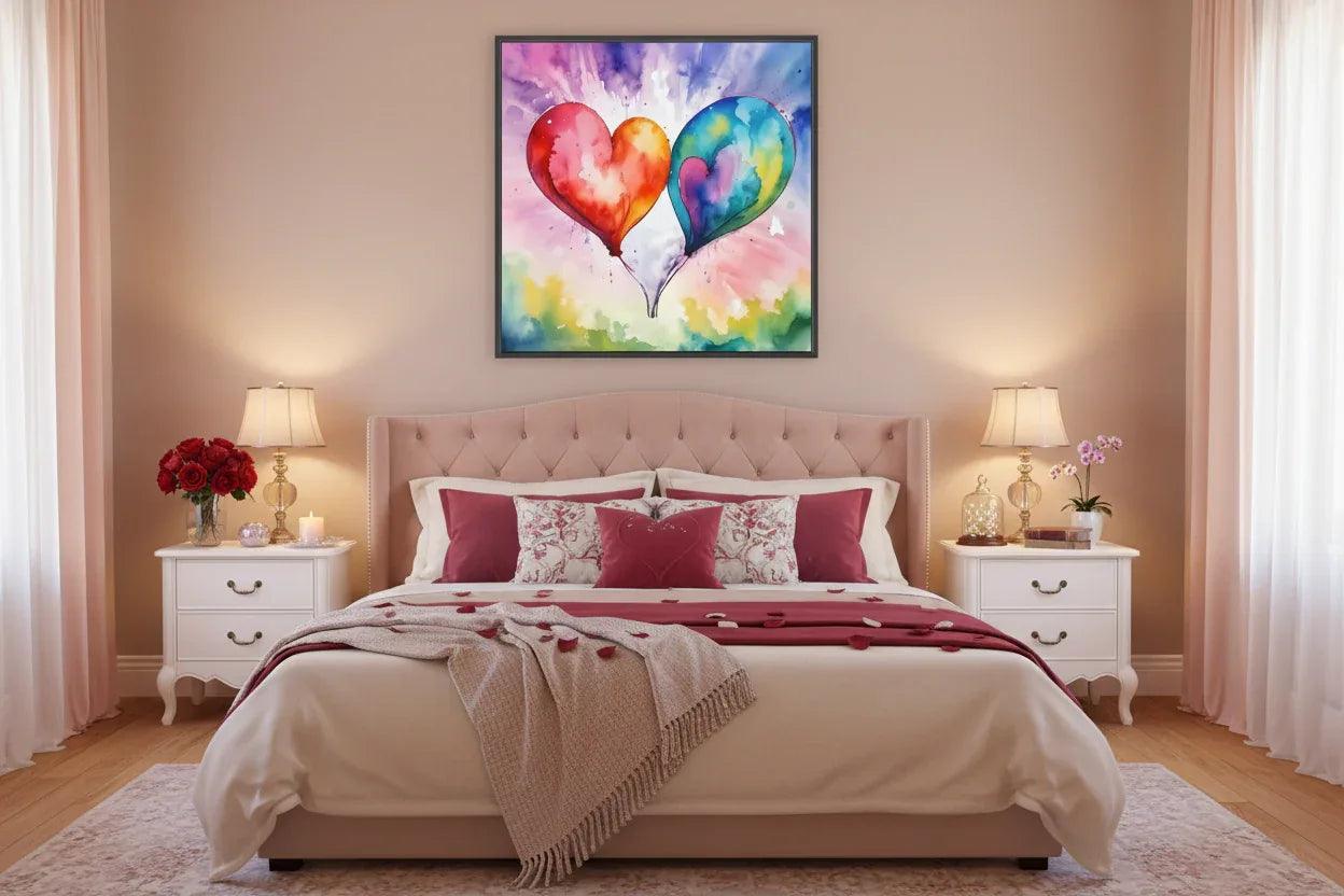 Framed watercolor wall art with three heart-shaped balloons above the bed